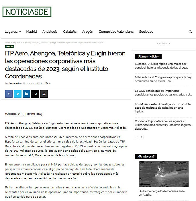 ITP Aero, Abengoa, Telefnica y Eugin fueron las operaciones corporativas ms destacadas de 2023, segn el Instituto Coordenadas